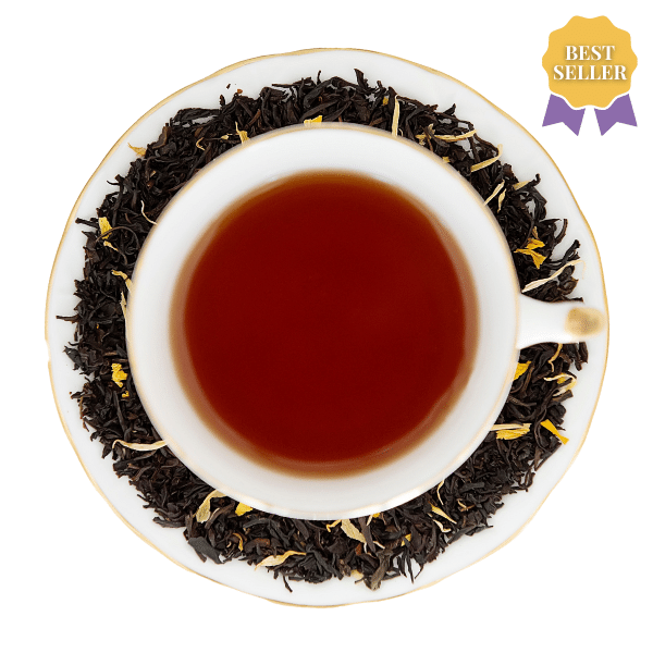 Best Seller, Bliss Break Black Tea in a white and gold vintage teacup and saucer