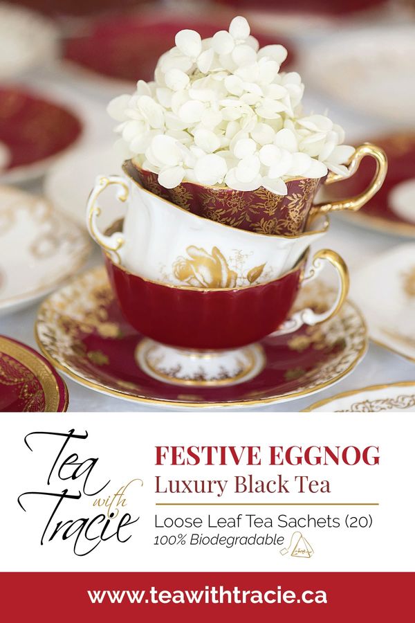 Front of Festive Eggnog Luxury Black Tea Loose Leaf Sachets Packaging
