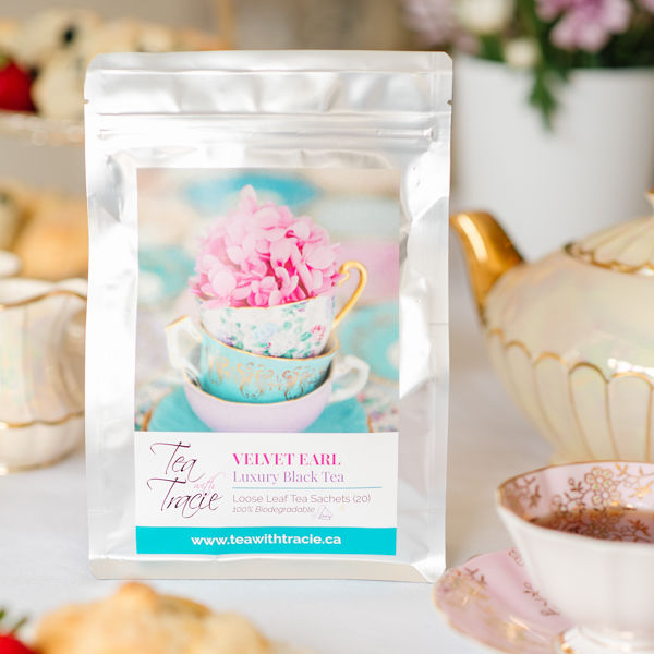 Velvet Earl cream Earl Grey black tea pouch by Tea with Tracie in an afternoon tea setting