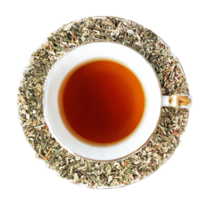 TLC Time Herbal Tea Best Seller, Velvet Earl in a white and gold vintage teacup and saucer