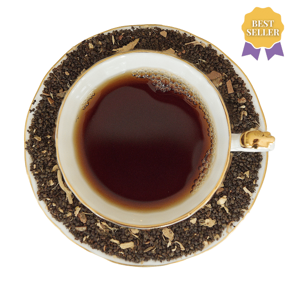 Best Seller, Chai-Licious Black Tea in a white and gold vintage teacup and saucer