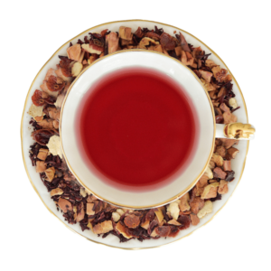 Think Pink Herbal Tea Best Seller, Velvet Earl in a white and gold vintage teacup and saucer