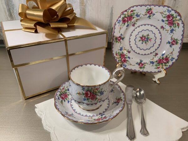 Royal Albert Petit Point teacup, saucer, bread plate, teaspoon, butter knife, serviette display with gold and white gift box