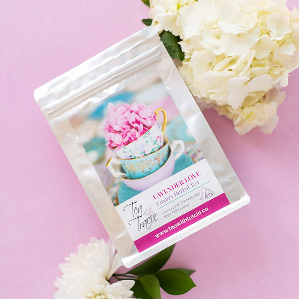 Lavender Love herbal tea pouch with white flowers